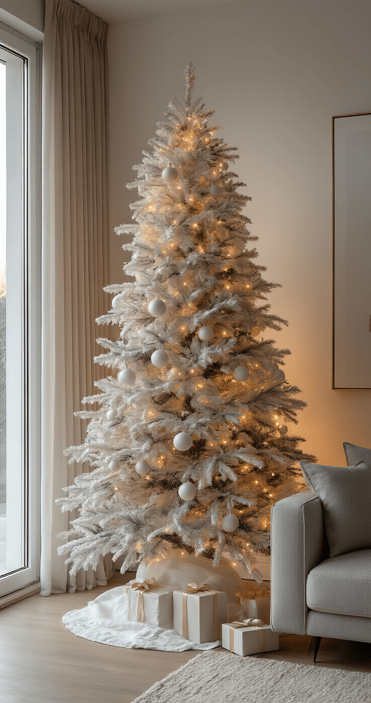 Een luxueuze moderne woonkamer met een kunstkerstboom in de gouden uur licht, grote ramen die warme zonnestralen toelaten, en een elegante grijze designbank.