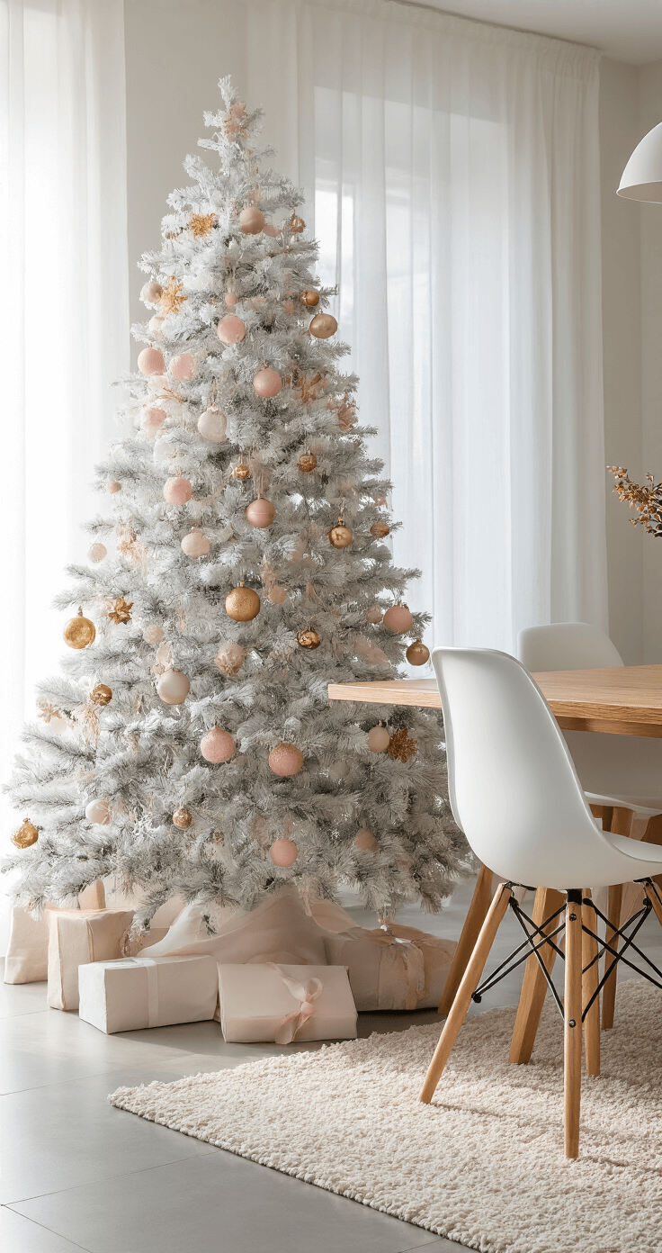 Stijlvolle witte kerstboom in een Scandinavische eetkamer, versierd met pastelroze en gouden ornamenten, met een eiken eettafel en witte stoelen op de voorgrond, verlicht door zacht noordelijk daglicht.