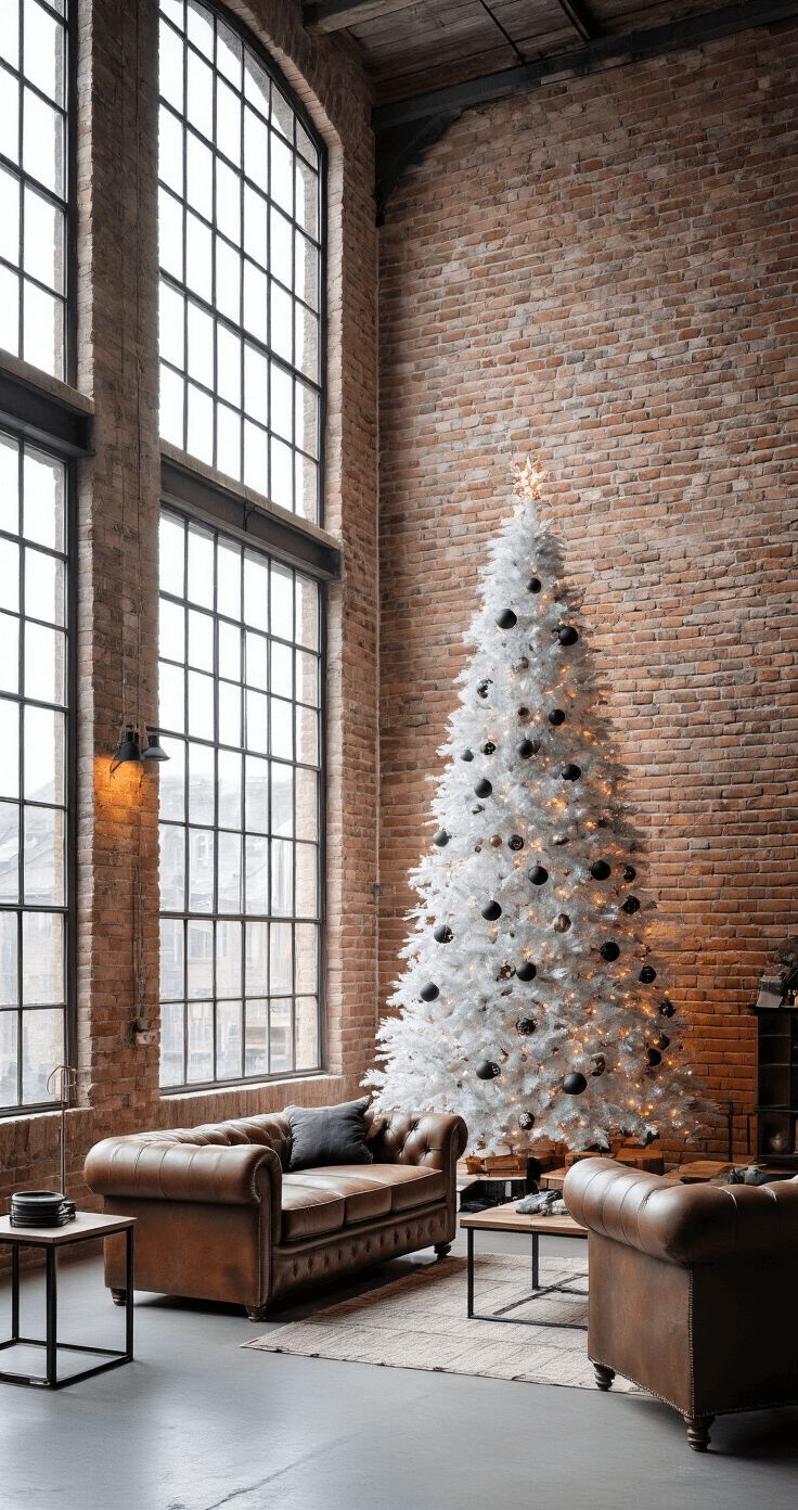 Moderne loft met industriële elementen, grote stalen ramen, imposante witte kerstboom met minimalistische zwarte en koperen decoraties, leren Chesterfield bank, metalen salontafel en betonnen vloer, gefotografeerd vanuit verhoogd standpunt met koele daglichtbelichting en dramatische schaduwen.