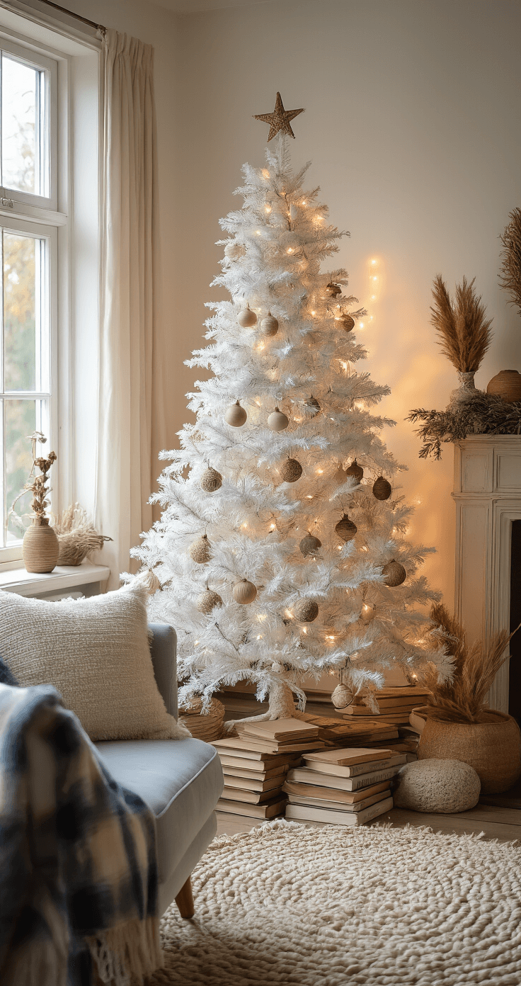 Gezellige leeshoek met compacte witte kerstboom op vintage bijzettafel, verlicht door warme avondverlichting van een designlamp. Fluwelen fauteuil in diepblauw met stapels boeken en een zachte wollen plaid, omringd door aardse tinten en boho-chic styling met macramé en pampasgrass.