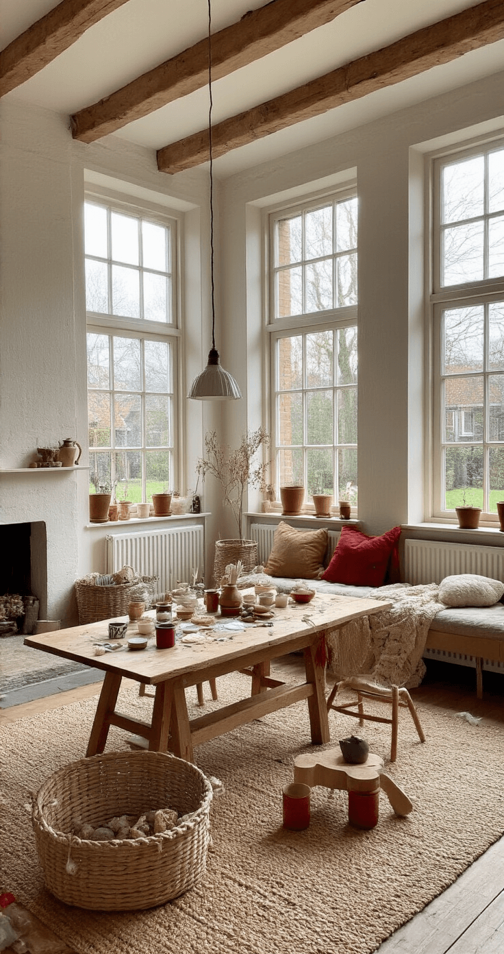 Knutselen met Kinderen: Magische Kerstcreaties die Iedereen Zal Betoveren! Gezellige Nederlandse woonkamer met hoge plafonds en houten balken, warme wintermiddaglicht door grote ramen. Rustieke eiken eettafel vol knutselmaterialen, handafdrukken van kinderen drogen aan touwtjes. Zachte crème en rode tinten, houten speelgoed op jute vloerkleed, gebreide kussens op linnen bank.