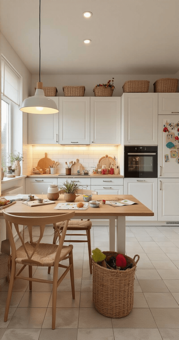 Knutselen met Kinderen: Magische Kerstcreaties die Iedereen Zal Betoveren! Moderne keuken-eetkamer in warme LED-verlichting met witte keukenkastjes, een houten tafel vol knutselprojecten en kleurrijke kunstwerken van kinderen aan de koelkast, gezien vanuit vogelperspectief.