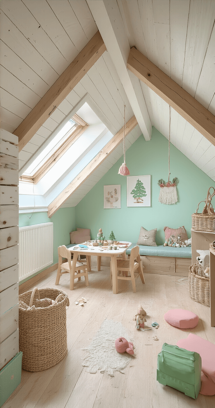 Knutselen met Kinderen: Magische Kerstcreaties die Iedereen Zal Betoveren! Speelkamer in zolderstudio met schuin dak en dakramen, gevuld met helder ochtendlicht. Een lage kindertafel met papieren kerstkransen en groene verf staat in een ruimte met een witte houten vloer, bedekt met plastic. De pastelkleuren mintgroen, zachtroze en crème wit zorgen voor een vrolijke sfeer, terwijl houten opbergkisten langs de muren staan. Kinderen's kunstwerken hangen aan touwtjes. Het beeld is vanuit een laag perspectief genomen, waardoor de creatieve chaos goed te zien is.