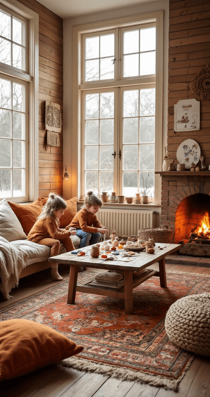 Knutselen met Kinderen: Magische Kerstcreaties die Iedereen Zal Betoveren! Gezellige woonkamer met open haard in gouden winter namiddag licht. Zachte bank met kinderen die sneeuwpoppen maken van watten op een salontafel vol knutselmaterialen. Warme kleuren van kameel, terracotta en goud, met een Perzisch tapijt op de vloer en houten wandplanken gevuld met knutselvoorbeelden. Intieme sfeer met vuur gloed.