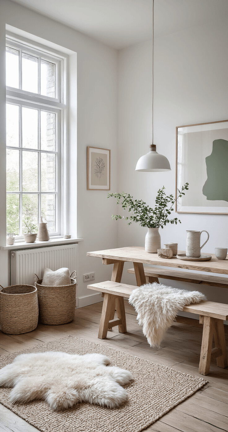 Knutselen met Kinderen: Magische Kerstcreaties die Iedereen Zal Betoveren! Minimalistisch Scandinavisch interieur met witte muren, grote ramen en daglicht. Natuurlijke houten tafel met ijsstokjes projecten en groene verf. Neutrale kleuren en eenvoudige rieten manden voor opslag, sheepskin op de vloer en kunstwerken aan de muur. Rustige, georganiseerde sfeer met focus op natuurlijke materialen.