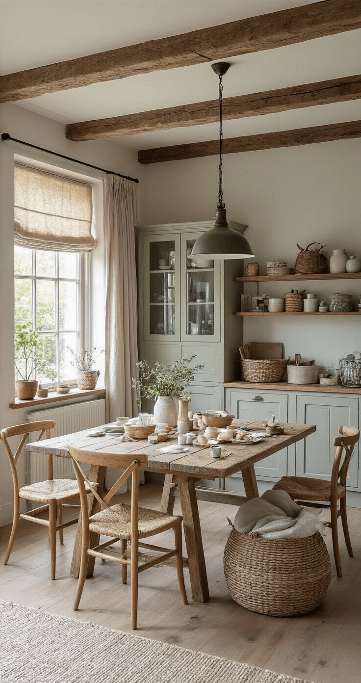 Knutselen met Kinderen: Magische Kerstcreaties die Iedereen Zal Betoveren! Landelijke eetkamer met donkere houten balken en zachte avondverlichting, ingericht als creatieve familiewerkplek met veilige knutselmaterialen, in een kleurenpalet van warm grijs, sage groen en antiek wit. Linnen gordijnen en houten stoelen met kussens zorgen voor een georganiseerde en uitnodigende sfeer.