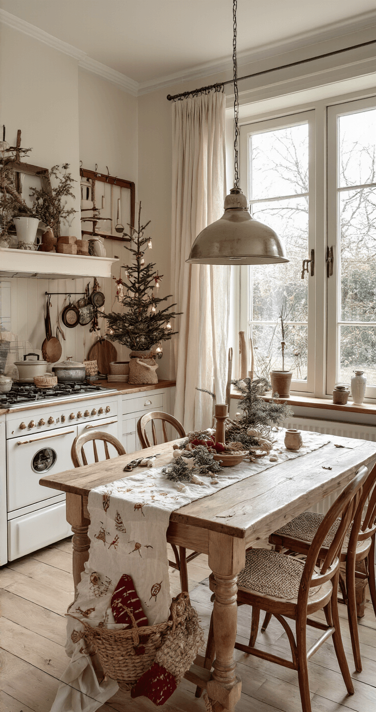 Een rustieke Hollandse keuken in kerststijl met ochtendlicht dat door linnen gordijnen valt. Op een houten eettafel liggen naaiprojecten zoals handgemaakte kerstsokken van donkerrood fluweel, met goudkleurige knopen en crèmekleurig satijnlint. Vintage schaar, spoeltjes garen en uitgeknipte patronen zijn zichtbaar tussen de witte keukenkastjes met koperen details en warme houten accenten. Het beeld is een bovenaanzicht dat een ambachtelijke werkplaatssfeer en georganiseerde chaos van creativiteit uitstraalt.