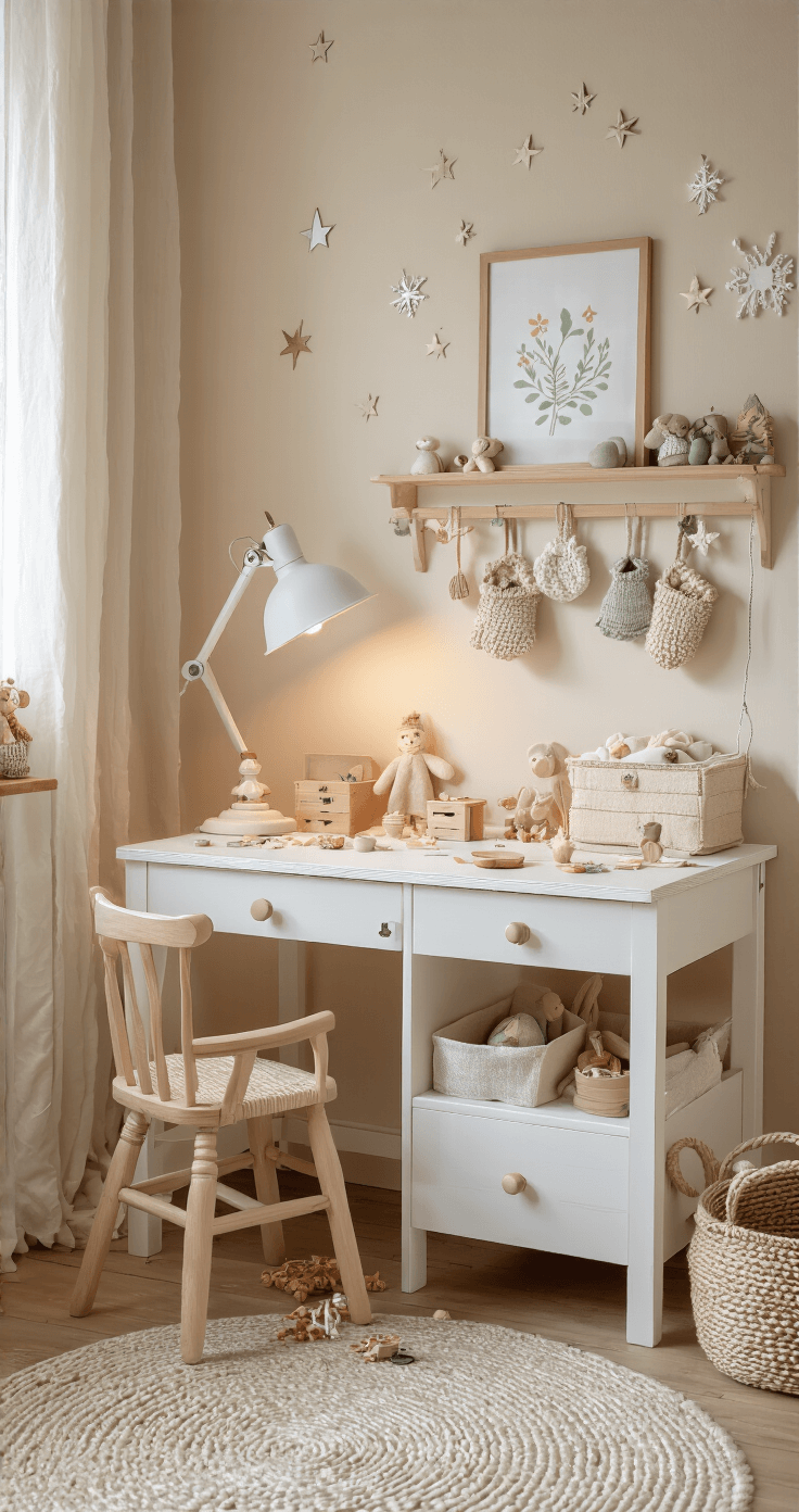 Nederlandse kinderkamer in avondschemer met zacht verlichte naaihoek, waar kleine handjes bezig zijn met kleurrijk naaiwerk aan een witte houten werkbank vol handgenaaide zakjes voor een adventskalender, omringd door pastelkerststoffen, houten speelgoedkist, en een warme, magische sfeer.