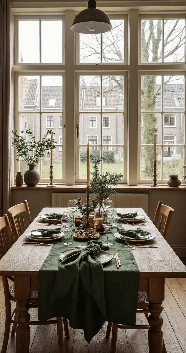 Stijlvolle Nederlandse eetkamer op een wintermiddag met diffuus licht, een lange eiken tafel gedekt met een diep bosgroen tafelkleed met gouden kerststiksel, bijpassende placemats, handgeborduurde linnen servetten, koperen kandelaars, glazen wijnglazen en vintage servies, met een donkere houten vloer en neutrale muren, sfeervol verlicht door een hanglamp.