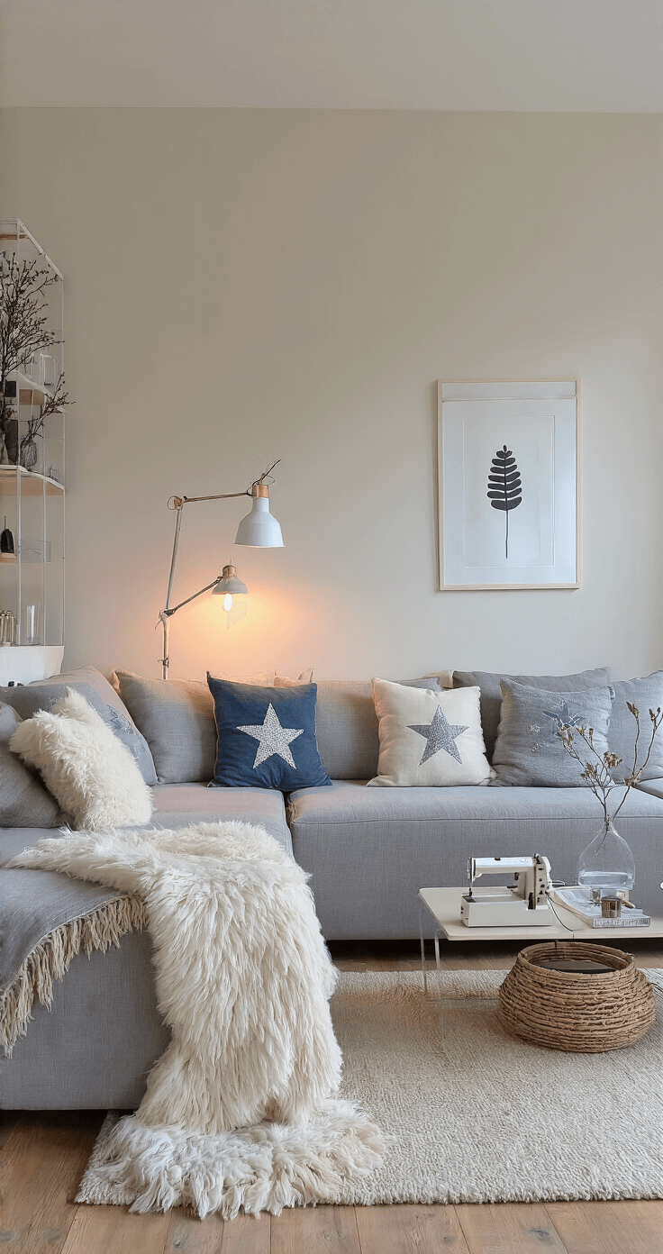 Scandinavische woonkamer met warm licht, lichtgrijze modulaire bank versierd met handgenaaide kerstkussens, sheepskin op houten vloer, witte bakstenen muur en moderne naaimachine op bureau, minimalistisch met hygge kerstsfeer.