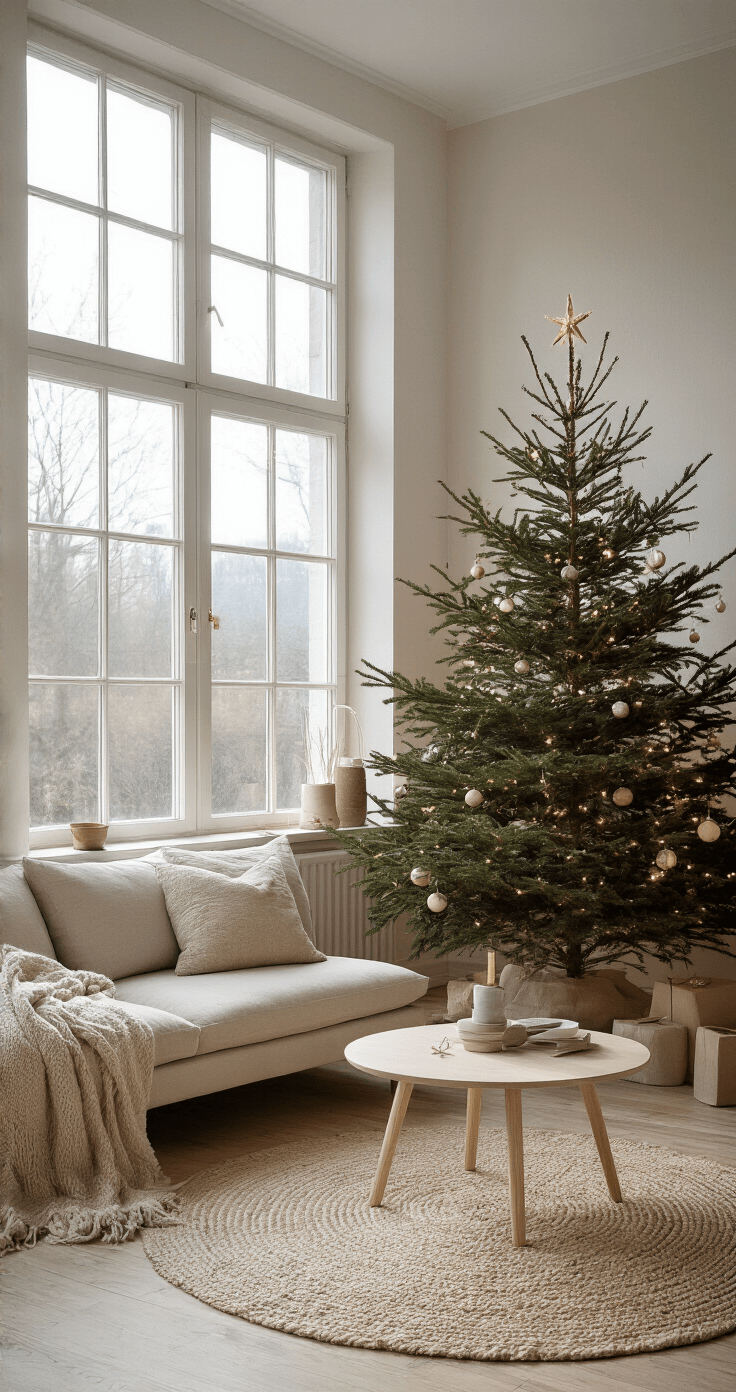 De Ultieme Gids voor een Stijlvolle Houten Kerstboom: Duurzaam en Modern Design Minimalistisch Scandinavisch interieur met een elegante houten kerstboom, warme ochtendlichtstraalen door grote ramen, crème linnen bank en wollen kleed in natuurtinten.