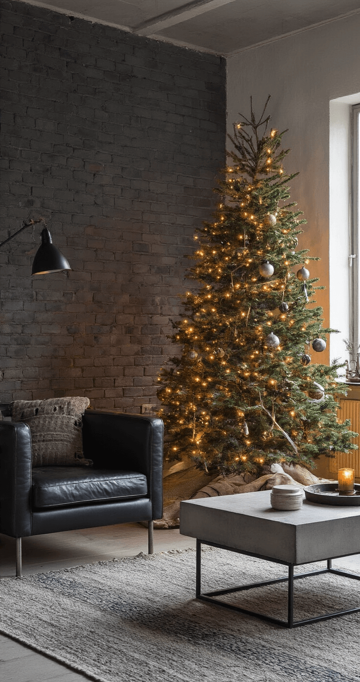 De Ultieme Gids voor een Stijlvolle Houten Kerstboom: Duurzaam en Modern Design Moderne woonkamer met industriële houten kerstboom, warme verlichting, donkere bakstenen muur en minimalistisch zwart leren meubilair.