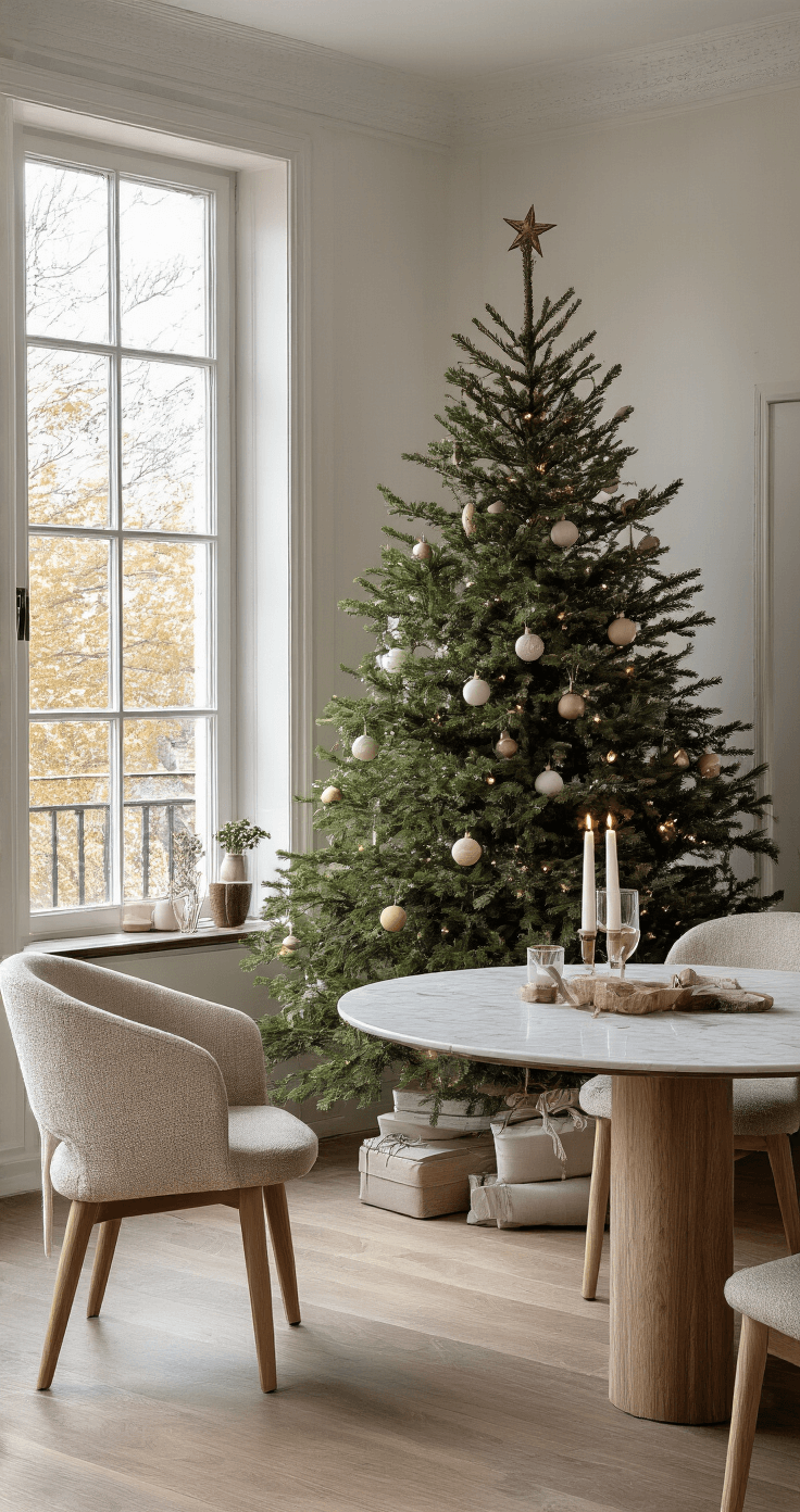 De Ultieme Gids voor een Stijlvolle Houten Kerstboom: Duurzaam en Modern Design Stijlvolle eetkamer met budget-vriendelijke houten kerstboom op een marmeren bijzettafel naast een walnoten eettafel, verlicht door heldere ochtendlicht. Minimalistische decoratie met glazen bollen en subtiele verlichting in een moderne ruimte van 4x4 meter.