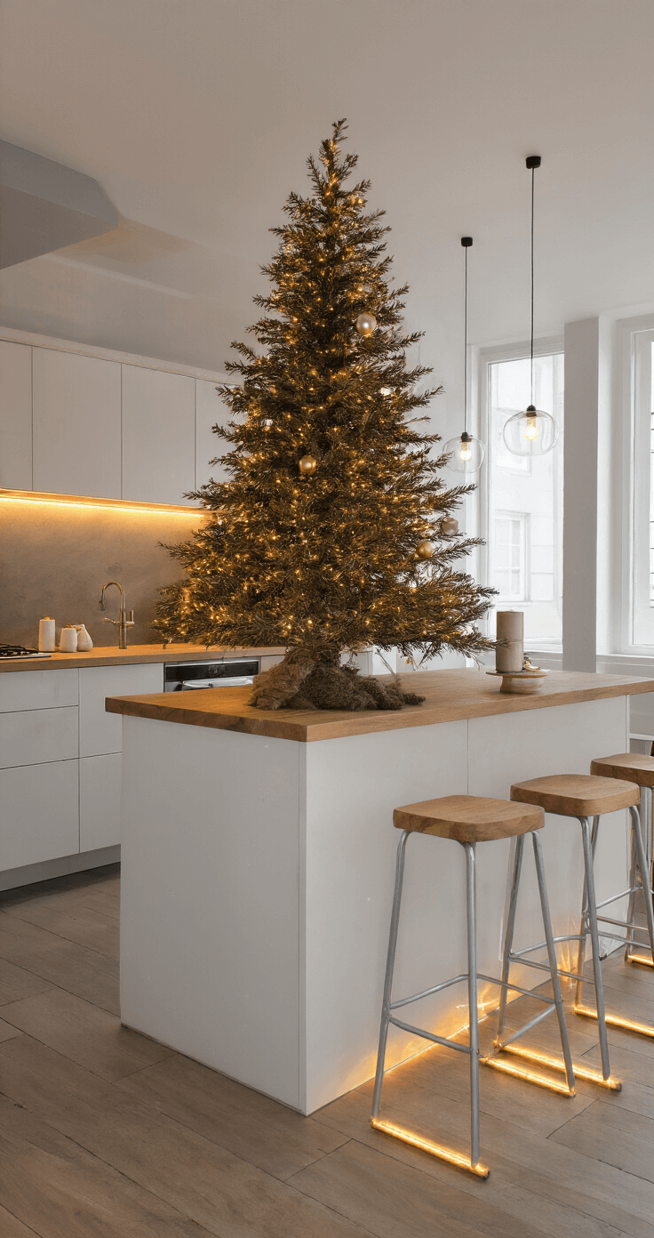 De Ultieme Gids voor een Stijlvolle Houten Kerstboom: Duurzaam en Modern Design Moderne keuken-woonruimte met een decoratieve houten kerstboom op het kookeiland, omgeven door sfeervolle LED-verlichting en minimalistische kerstballen, in een warme avondambiance.