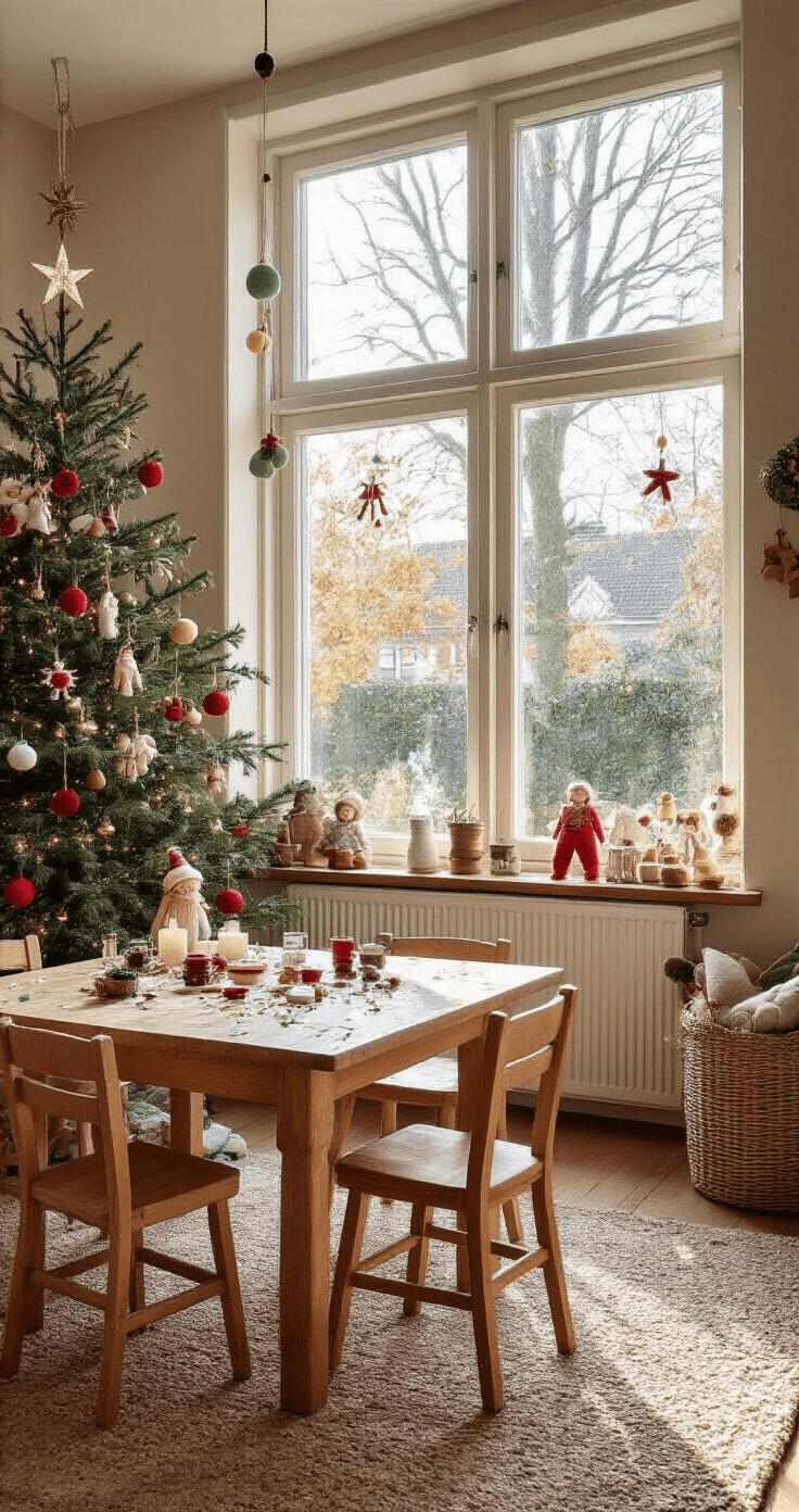 Leuke en Eenvoudige Kerstknutselprojecten voor Kleuters: Creatief Plezier met Kerstmis Gezellige kinderkamer met knutselspullen zoals ijsstokjes, verf en pompons op een grote houten tafel, zacht verlicht door middaglicht. Kinderstoelen en zelfgemaakte kerstboomdecoraties aan de muur, met glittervlokjes die zonlicht reflecteren op de tafel.