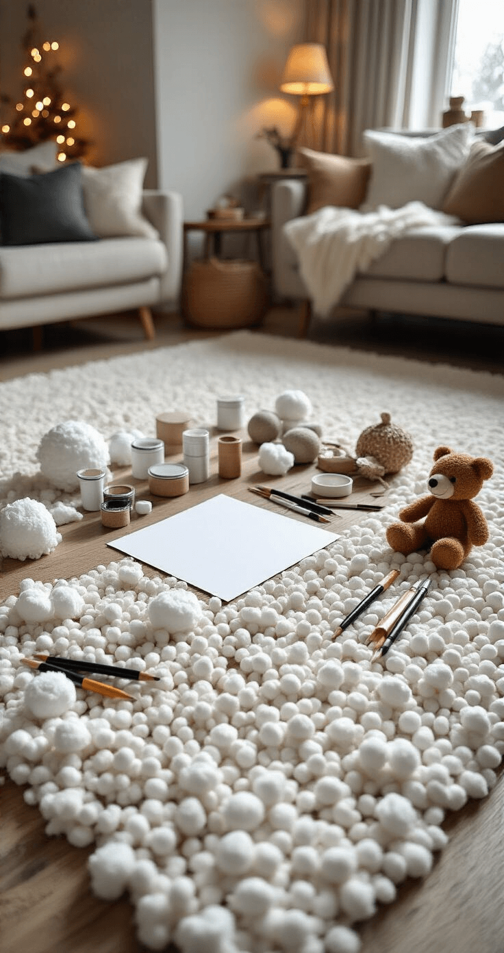 Leuke en Eenvoudige Kerstknutselprojecten voor Kleuters: Creatief Plezier met Kerstmis Avondscène in een woonkamer met een sneeuwpop knutselproject verspreid over een zacht vloerkleed, met georganiseerde watten, kindvriendelijke lijmtubes en zwarte stiften. Warme lampen verlichten de gezellige sfeer, terwijl een bank met kussens en een houten salontafel vol creatieve rommel op de achtergrond te zien zijn. Bird's eye view met focus op de textuur van de pluizige watten en gladde papier, in neutrale grijstinten met witte accenten en warm goudgeel licht.