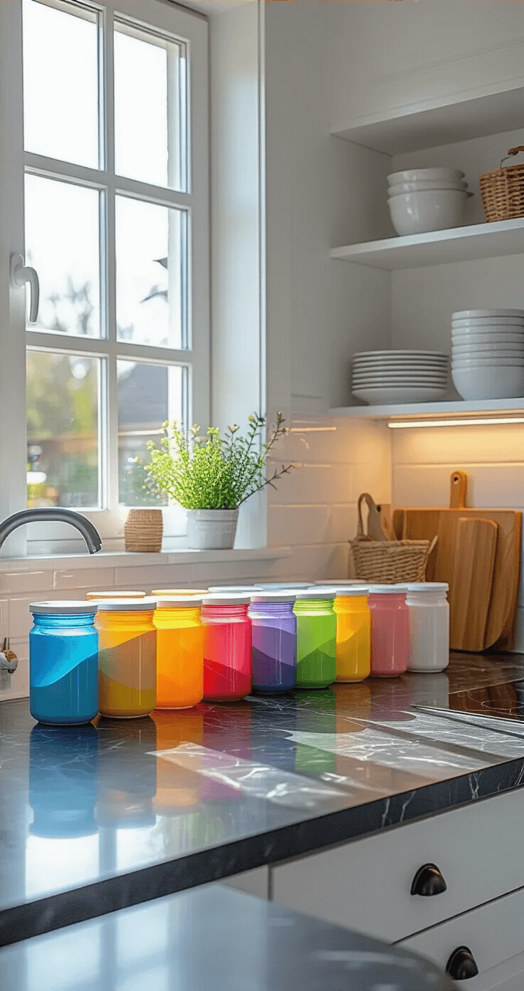 Leuke en Eenvoudige Kerstknutselprojecten voor Kleuters: Creatief Plezier met Kerstmis Keukenhoek omgetoverd tot recycling-knutselwerkplaats met schone jampotjes gevuld met gekleurd transparant papier op een marmeren aanrecht. LED-waxinelichtjes stralen een magische gloed door de gekleurde potjes in een modern keukeninterieur met witte kasten en zwart marmer werkblad. Middaglicht valt door het keukenraam, met reflecties op glanzende oppervlakken.