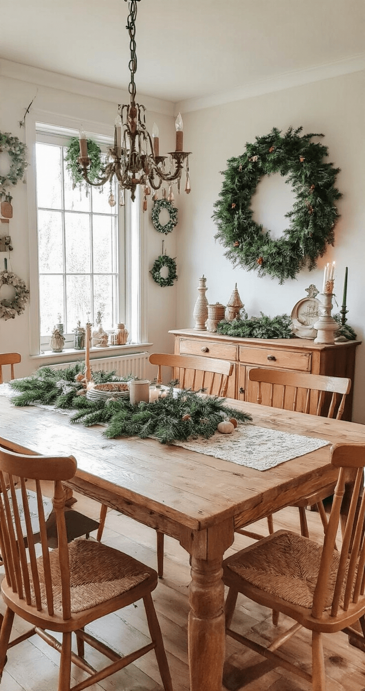Leuke en Eenvoudige Kerstknutselprojecten voor Kleuters: Creatief Plezier met Kerstmis Eetkamer met zelfgemaakte kerstkransen van papieren bordjes op verschillende hoogtes, een grote houten eettafel met geschilderde bordjes en decoratiematerialen, verlicht door een warme kroonluchter. Traditionele groen-rood kerstkleuren in een klassiek interieur met houten stoelen en een sideboard vol kerstdecoraties.