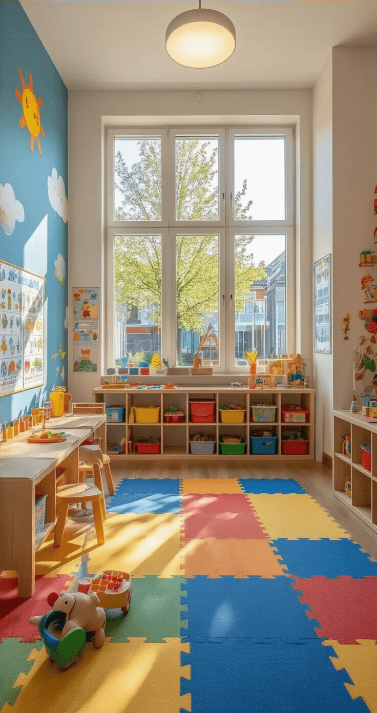 Leuke en Eenvoudige Kerstknutselprojecten voor Kleuters: Creatief Plezier met Kerstmis Een georganiseerde kinderspeelkamer met kindvriendelijke knutselmaterialen, zachte speelmat, lage tafeltjes, grote ramen voor natuurlijk licht, en vrolijke wandkleuren met educatieve posters.