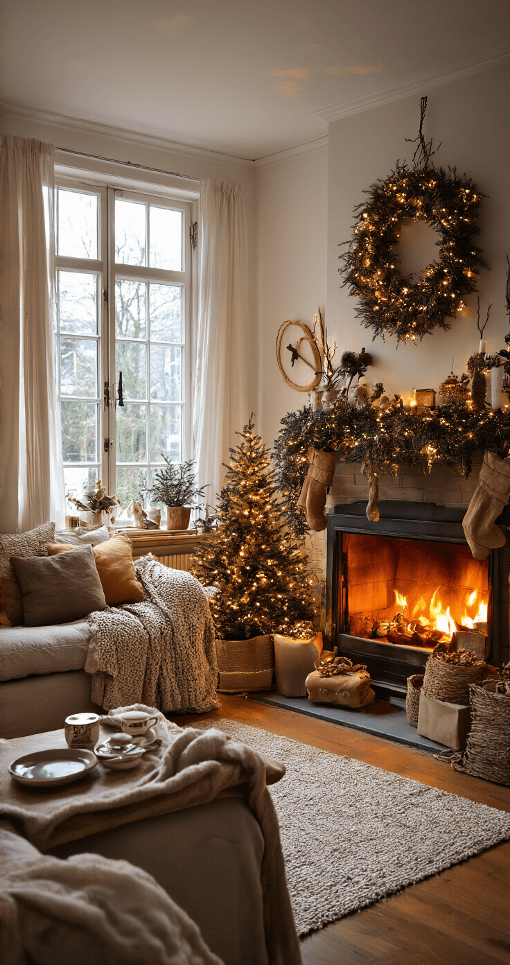 Leuke en Eenvoudige Kerstknutselprojecten voor Kleuters: Creatief Plezier met Kerstmis Huiskamer met zelfgemaakte kerstdecoraties op de open haardmantel en vensterbank, verlicht door warm haardvuur. IJsstokje kerstbomen werpen schaduwen. Comfortabele bank met plaids en een opgeruimde koffietafel. In de hoek staat een kerstboom met twinkelende lichtjes in diepe rode en groene tinten.