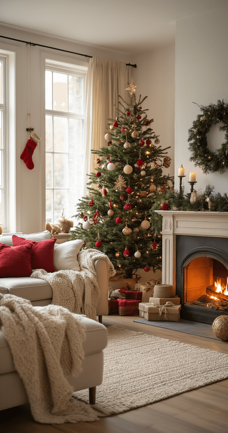 Vilten Kerstversiering: Knusse Handgemaakte Decoratie voor een Warme Kerst Warme woonkamer met kerstboom versierd met vilten kersthangers in rood, wit en groen, sfeervol kaarslicht, open haard, handgemaakte ornamenten en een beige bank met wollen plaids, lage hoekopname met zachte bokeh.