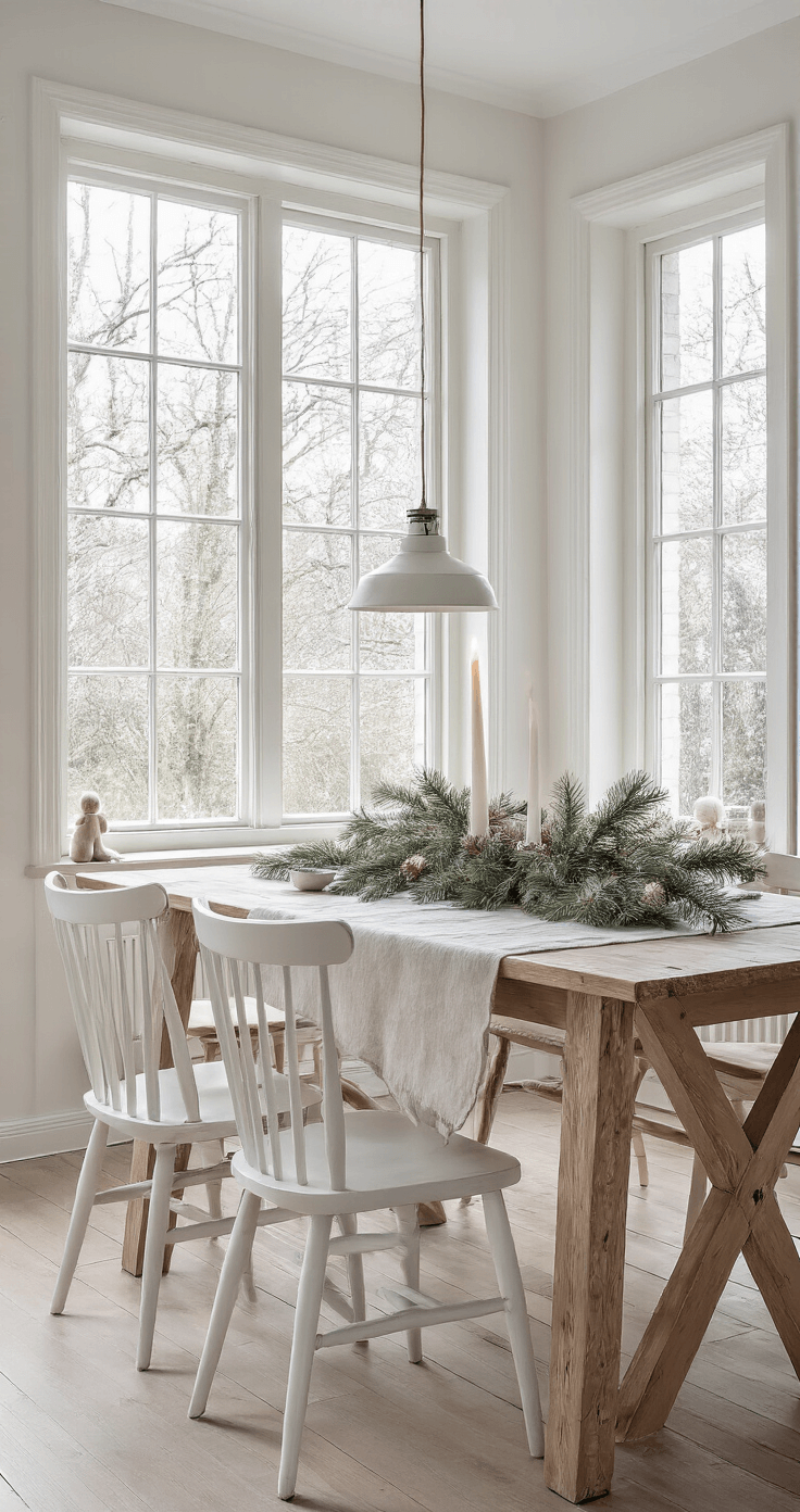 Vilten Kerstversiering: Knusse Handgemaakte Decoratie voor een Warme Kerst Scandinavische eetkamer met natuurlijke kleuren en vilten kerstversiering, ochtendlicht op een eiken eettafel met handgemaakte centerpiece, witte houten stoelen, linnen tafelkleed, eucalyptus takken en een minimalistisch dressoir met vilten figuren.
