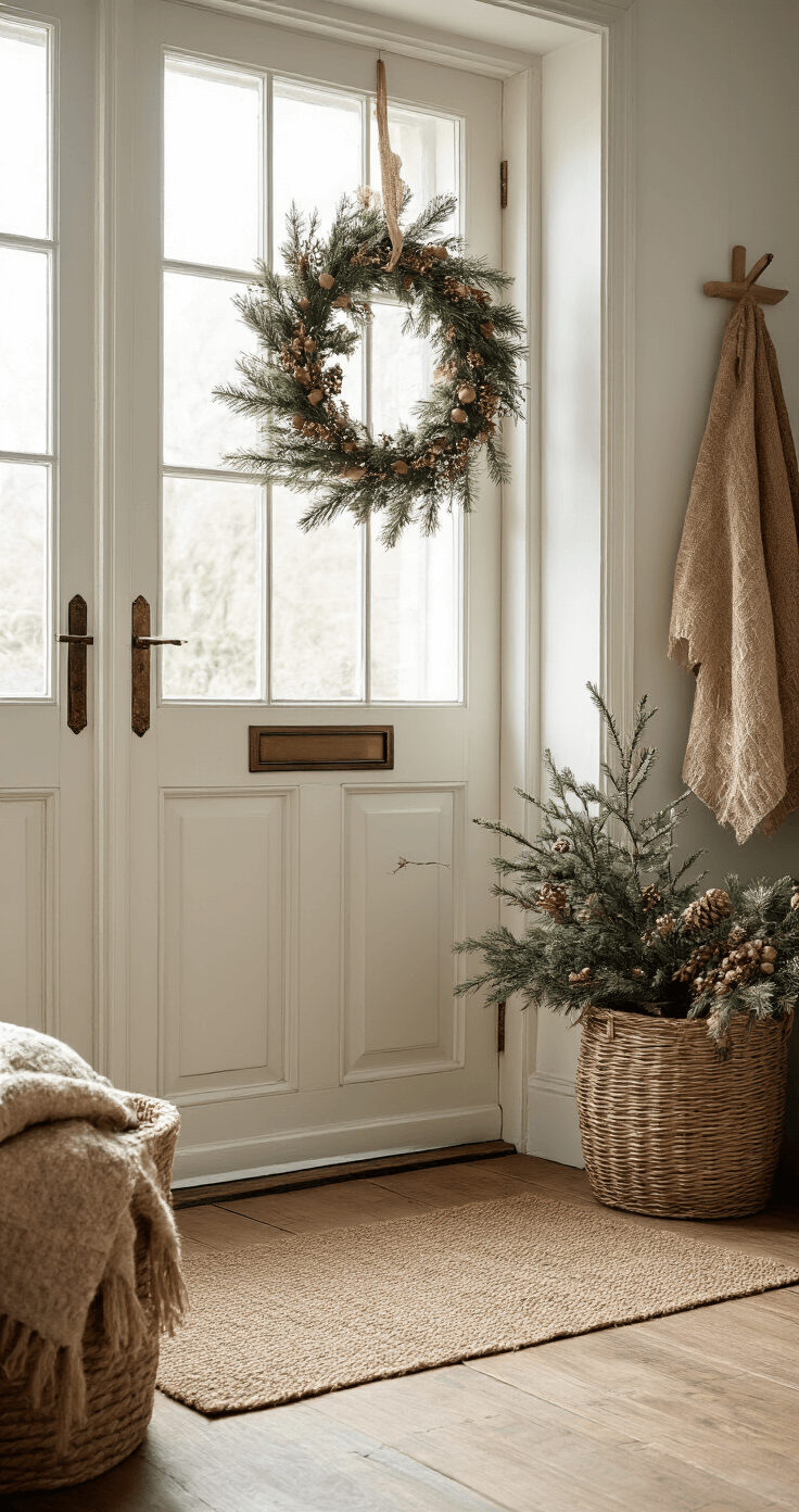 Vilten Kerstversiering: Knusse Handgemaakte Decoratie voor een Warme Kerst Gezellige hal met vilten kerstdecoratie aan de deurkrans en vensterbank, warme houten vloer, vintage kapstok en rieten mand met dennentakken, natuurlijke materialen, jute runner en koperen details, vilten figuren in aardse tinten met gedroogde bloemen, zacht daglicht door matglas deur, schaduwen van takken, gezien vanaf de trap naar beneden.