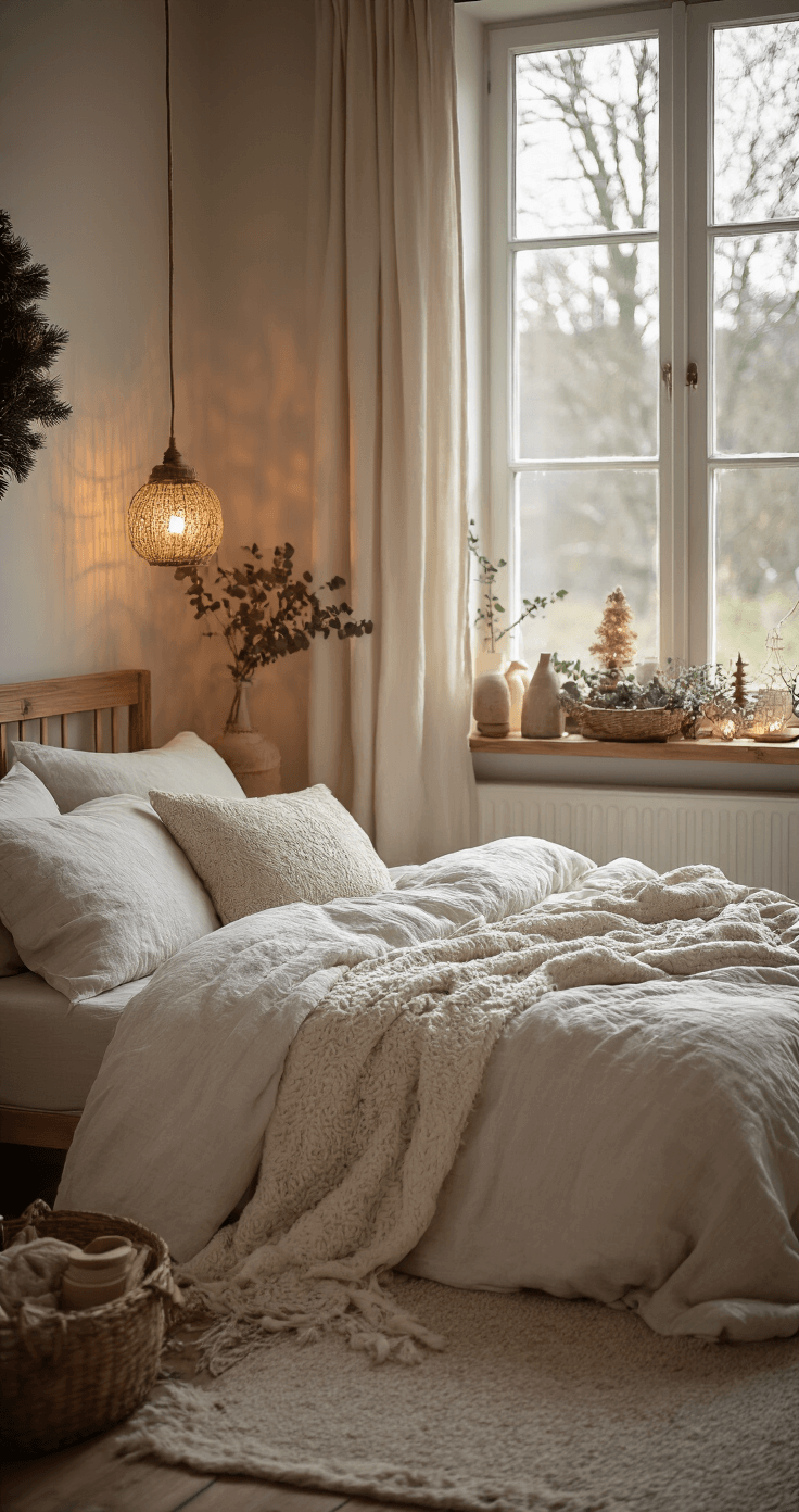 Vilten Kerstversiering: Knusse Handgemaakte Decoratie voor een Warme Kerst Intieme slaapkamer met subtiele vilten kerstaccenten, zacht beddengoed, houten bed en een warme leeslamp.