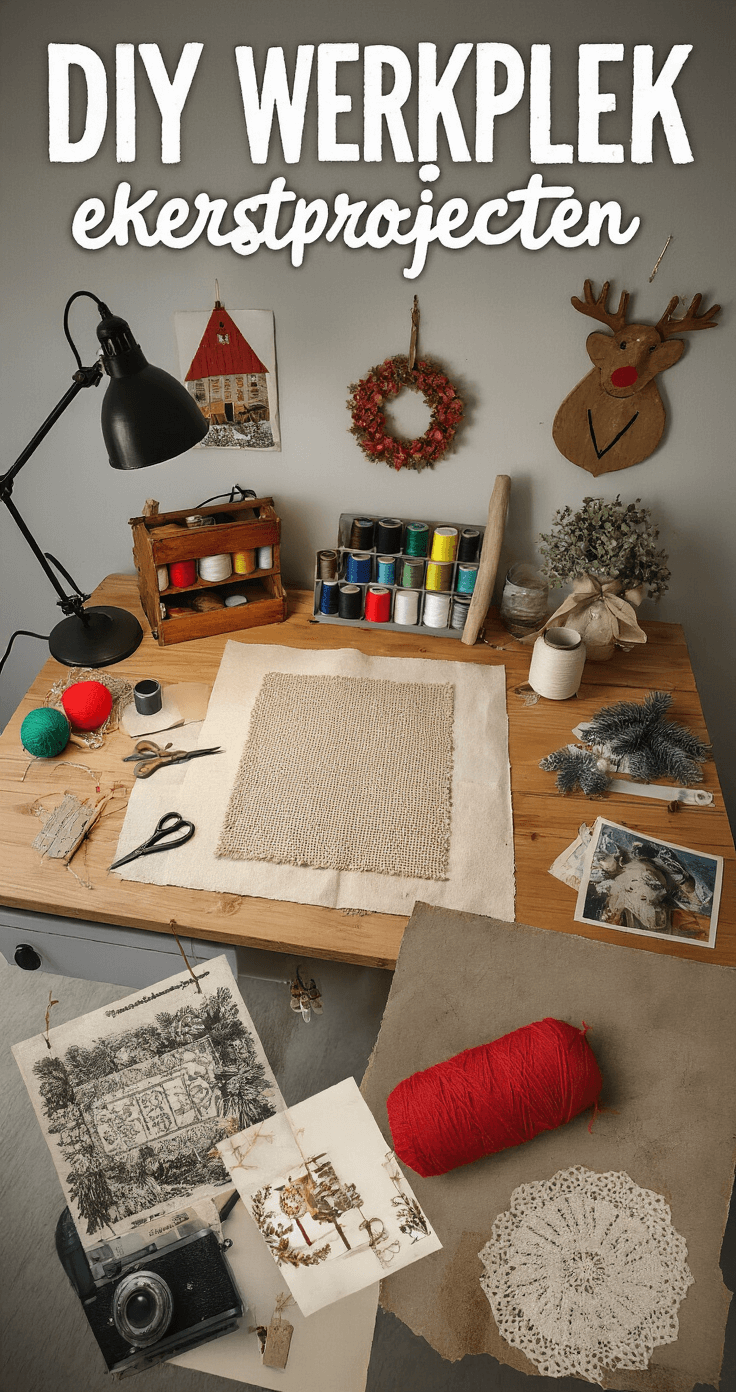 Vilten Kerstversiering: Knusse Handgemaakte Decoratie voor een Warme Kerst DIY werkplek met vilten kerstprojecten, houten werktafel vol viltlappen en materialen, half afgewerkte hangers en patronen, industriële bureaulamp en vintage naaidoos, vastgelegd vanuit een bovenaanzicht met heldere werkverlichting.