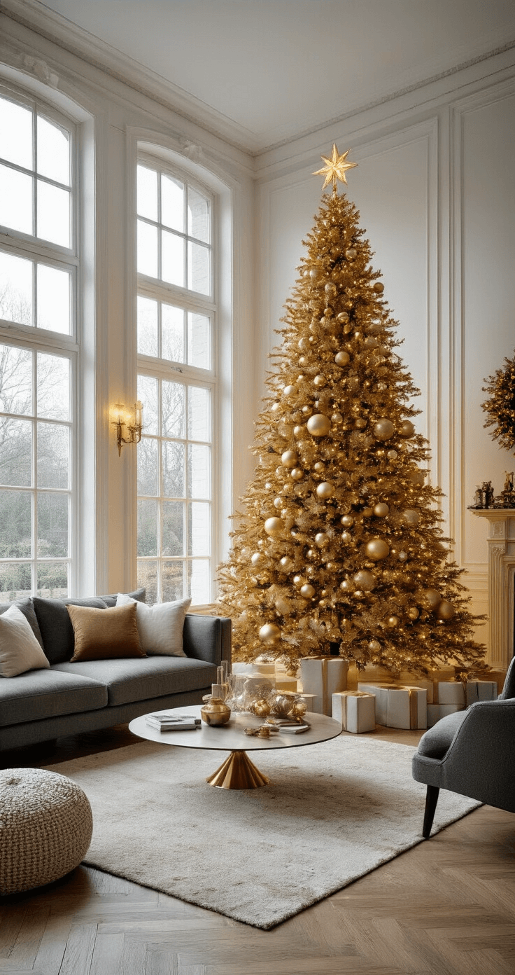 De Ultieme Gids voor een Gouden Kerstboom: Luxe en Warmte in Één Stijl Luxueuze woonkamer in Nederland tijdens het gouden uur met hoge plafonds, grote ramen, en een 2.5 meter hoge gouden kerstboom versierd met metallic ballen en strikken, warmwitte verlichting, roomwitte muren, donkergrijze bank en eiken parketvloer.