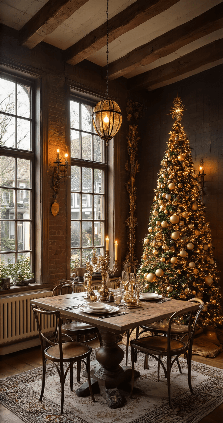 De Ultieme Gids voor een Gouden Kerstboom: Luxe en Warmte in Één Stijl Intieme eetkamer met authentieke houten balken, kunstkerstboom versierd met gouden ballen en ornamenten, massief eiken tafel met gouden kaarsenhouders en geraffineerde tafelkleden, sfeervolle verlichting en vintage stoelen, romantische kerstsfeer.