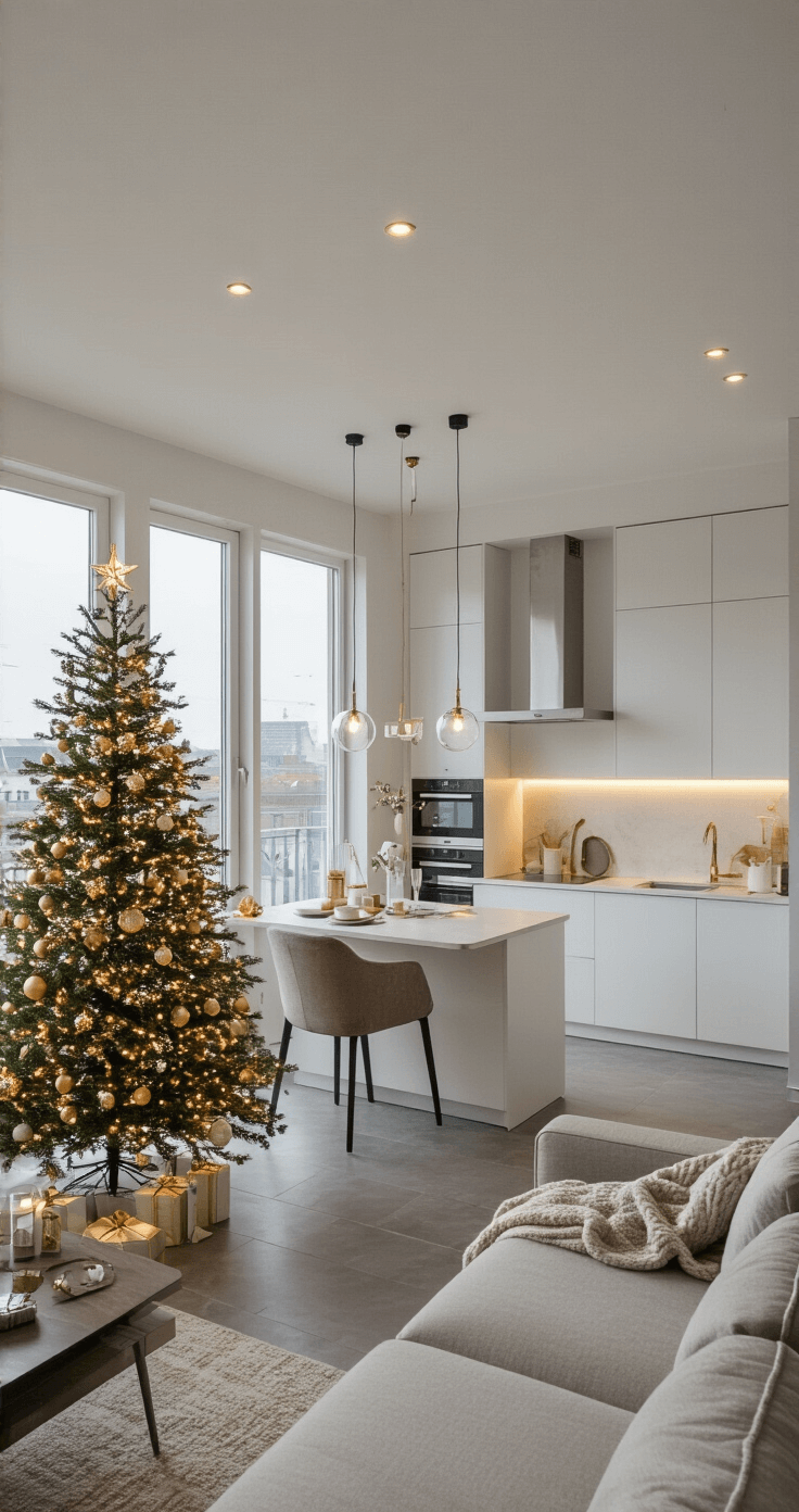 De Ultieme Gids voor een Gouden Kerstboom: Luxe en Warmte in Één Stijl Modern Nederlands appartement met open keuken en panoramaramen, sfeervol verlicht voor de avond. In het midden staat een stijlvolle witte kerstboom met gouden, wit-roomse en champagne accenten. Dimbare LED-spots accentueren de metallic details van het minimalistische interieur met een betonnen vloer en designerbank. Gezien vanuit een verhoogd keukeneiland, benadrukt het bird's eye perspectief de open ruimte-indeling.