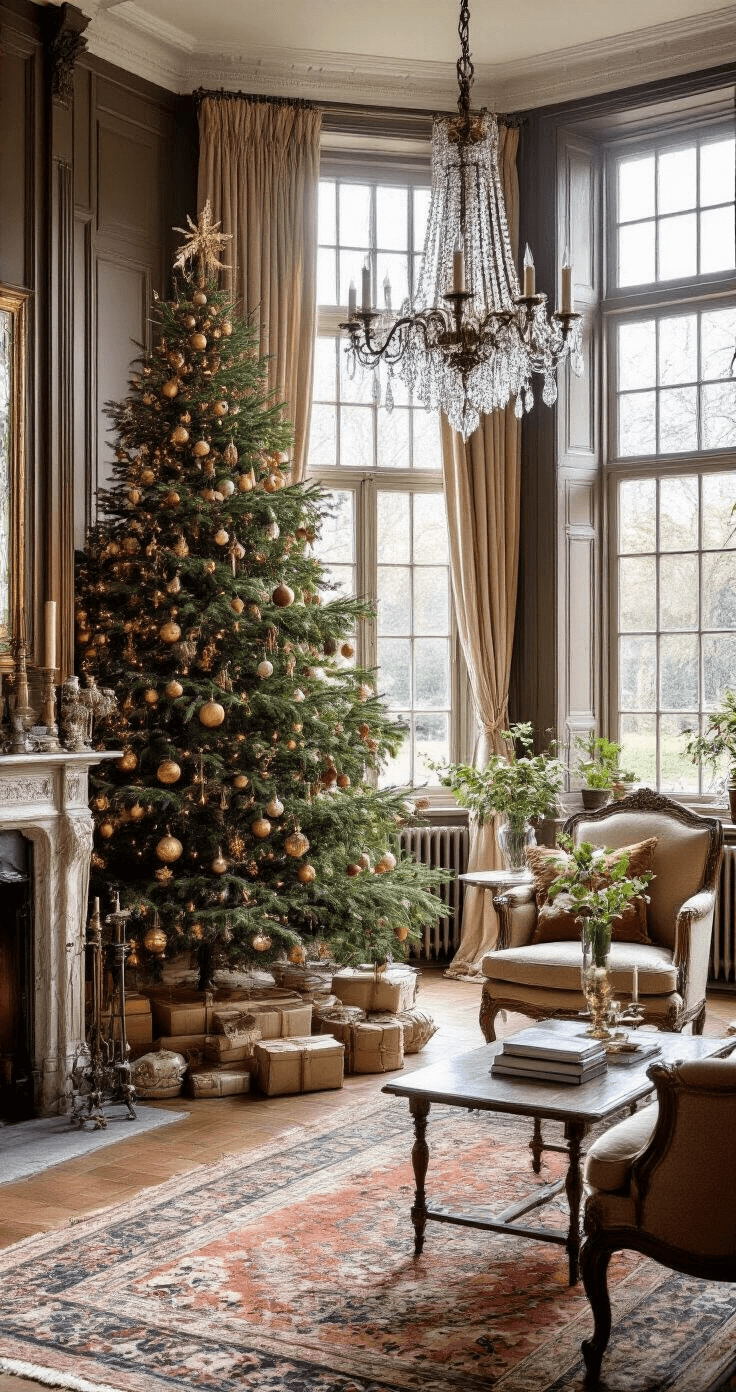 De Ultieme Gids voor een Gouden Kerstboom: Luxe en Warmte in Één Stijl Een klassieke Nederlandse salonsfeer met ochtendlicht dat door glas-in-lood ramen valt, vergezeld van een imposante kerstboom bij de open haard, antieke meubels en een Perzisch tapijt, allemaal belicht door een kristallen kroonluchter. De inrichting straalt elegante harmonie uit, met fluwelen gordijnen en mahonie lambrisering die de warme, rijke texturen accentueren.