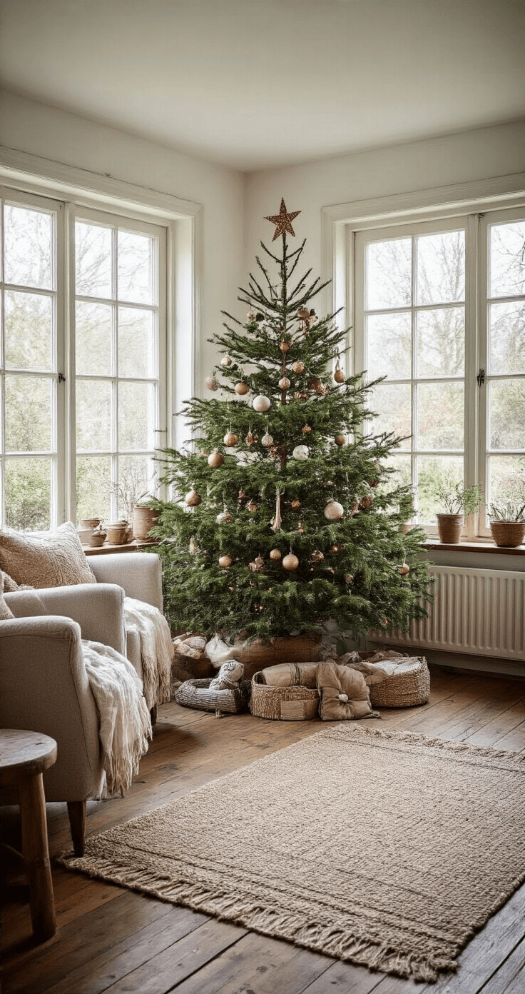 De Ultieme Gids voor een Gouden Kerstboom: Luxe en Warmte in Één Stijl Gezellige woonkamer in een Nederlandse cottage met wintermiddagzon, kleine ramen, een charmante kerstboom van 1.5 meter, landelijke meubels, handgemaakte quilts, houten vloer met vintage kleden en rustieke balken, sfeervol verlicht met natuurlijk zijlicht voor een hygge-sfeer.
