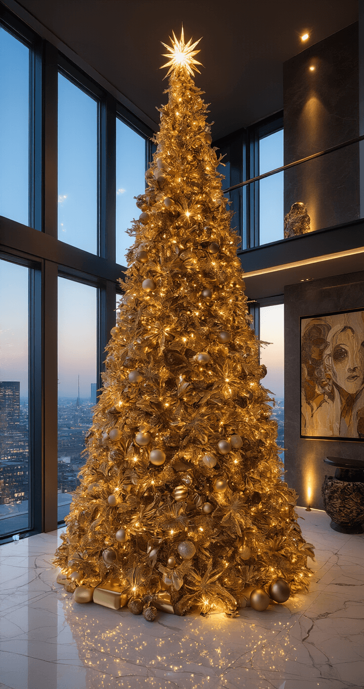 De Ultieme Gids voor een Gouden Kerstboom: Luxe en Warmte in Één Stijl Luxe penthouse met een grote designer kerstboom, professionele styling, marmeren vloer en stadslichten op de achtergrond bij schemering.