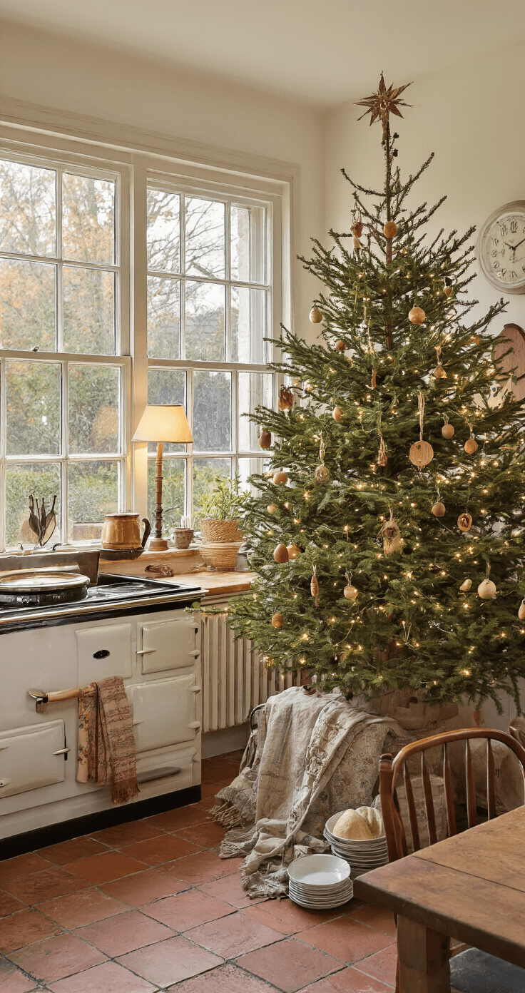 De Ultieme Gids voor een Gouden Kerstboom: Luxe en Warmte in Één Stijl Traditionele Nederlandse boerderij keuken met gezellige verlichting, authentieke kerstboom naast Aga-fornuis, handgemaakte ornamenten, natuursteen vloer, koperen pannen en vintage servies, kruidentuintje op vensterbank, handgeweven textiel, en antieke klok, vastgelegd in documentaire stijl.