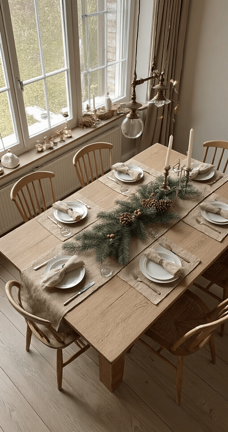 Landelijke eetkamer met eiken tafel, antraciet stoelen en kerstkrans van dennentakken, sfeervol verlicht door gouden ochtendlicht.