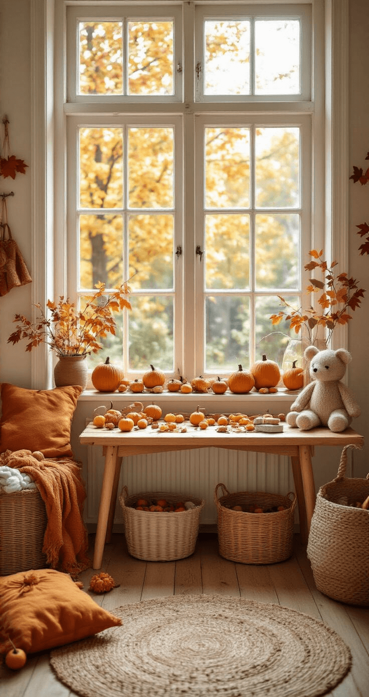 Knutselen met kinderen in de herfst: Creatieve avonturen met natuurlijke materialen Gezellige kinderkamer met herfstdecoratie, waarin de warme namiddagzon door grote ramen schijnt op een houten speeltafel vol kleurrijke herfstbladeren, kastanjes en knutselwerkjes. Zachte tinten oranje, geel en rood zijn zichtbaar, met handgemaakte kastanjediertjes en een natuurlijke houten vloer met wollen kleedjes en speelgoed in rieten mandjes.