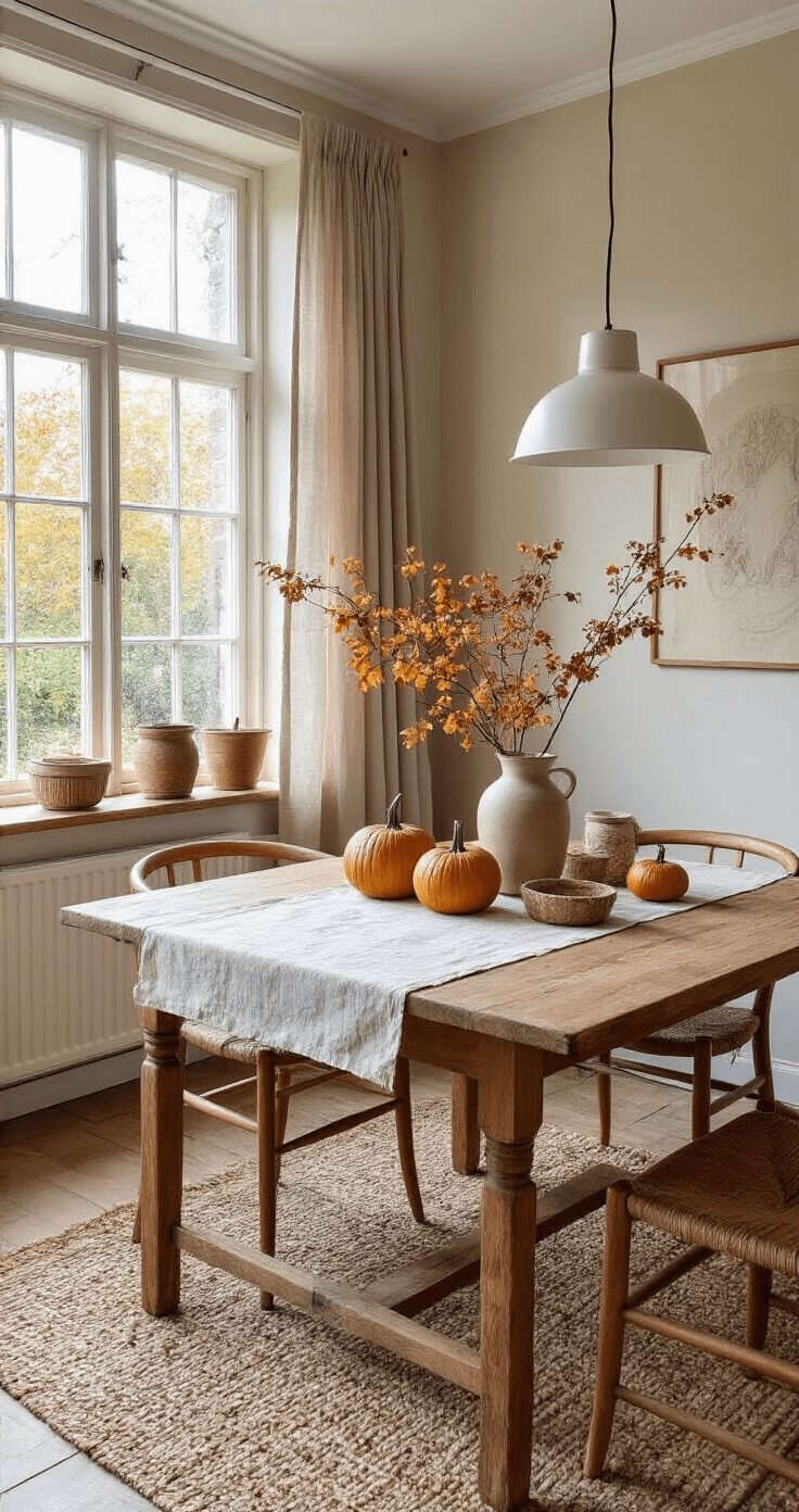 Knutselen met kinderen in de herfst: Creatieve avonturen met natuurlijke materialen Lichte woonkamer met een herfstcraft corner, inclusief een eikenhouten eettafel met wit papier en kurken stempels, omringd door potjes herfstverf in amber, kaneelbruin en goudgeel. Natuurlijk daglicht verlicht de ruimte door linnen gordijnen, terwijl handgemaakte stempelbomen aan een waslijntje drogen. De wandkleuren zijn neutraal, met warme houten accenten en vintage krukjes, wat een inspirerende sfeer voor creatieve werkzaamheden creëert, met moderne boho elementen en plantendecoratie.