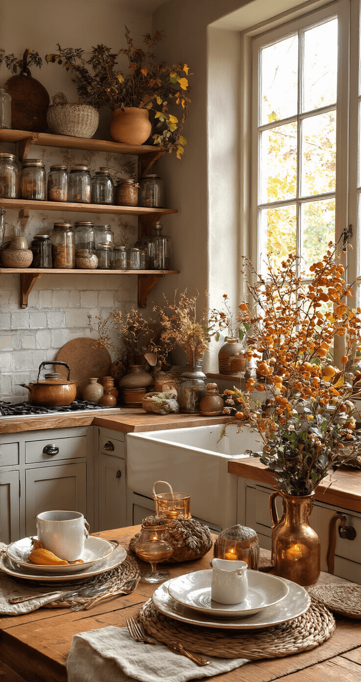 Knutselen met kinderen in de herfst: Creatieve avonturen met natuurlijke materialen Rustieke Nederlandse keuken met donkere eikenhouten aanrecht, glazen jampotjes gevuld met gedroogde bladeren, warme theelichtjes en koperen details, verlicht door gouden zonsonderganglicht. Vintage servies en gevlochten placemats creëren een gezellige herfstachtige sfeer.