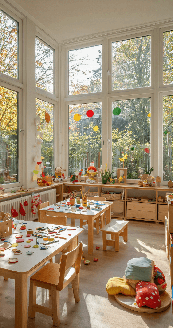 Knutselen met kinderen in de herfst: Creatieve avonturen met natuurlijke materialen Speelkamer ingericht als herfstatelier met kleurrijke papieren paddenstoelen, kwasten en tempera verf op lage kindertafels, heldere ochtendzon door dakramen, regenboog stippenpatronen, zachte spelkleden en houten opbergkisten, alles in een vrolijke sfeer met Montessori invloeden.