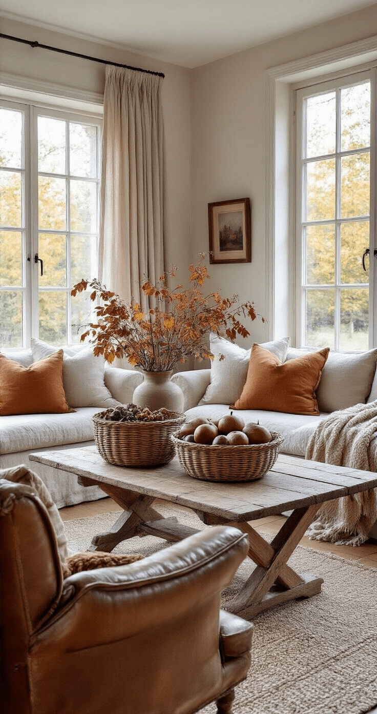 Knutselen met kinderen in de herfst: Creatieve avonturen met natuurlijke materialen Elegante huiskamer met een vintage salontafel vol dennenappels, kastanjes en gekleurde bladeren, zachte middagverlichting door lichte gordijnen, neutrale banken met wollen plaids en een natuurstenen open haard.