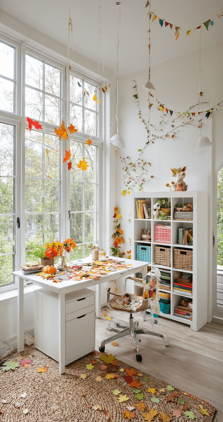 Knutselen met kinderen in de herfst: Creatieve avonturen met natuurlijke materialen Creatieve werkkamer met een wit gelakt bureau vol kleurrijke herfstbladeren, dierencollages en handgemaakte egeltjes, verlicht door heldere noordelijke zonlicht door grote ramen, en moderne opbergmeubels.