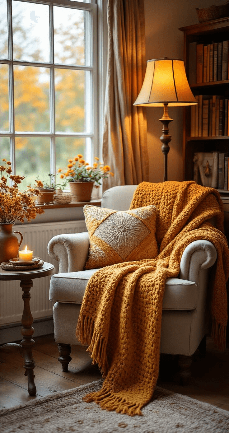 Knutselen met kinderen in de herfst: Creatieve avonturen met natuurlijke materialen Knusse leeshoek met herfstdecoratie: een zachte fauteuil naast een raam, een vensterbank vol knutselwerken, theelichtjes en herfstbladeren. Een warme schemerlamp verlicht de ruimte tijdens de avond, omringd door wollen plaids in mosterdgeel en roestbruin, een houten bijzettafeltje met warme thee, vintage boeken en gehaakte kussens, alles creëert een intieme sfeer in een klassieke Nederlandse woonkamer.