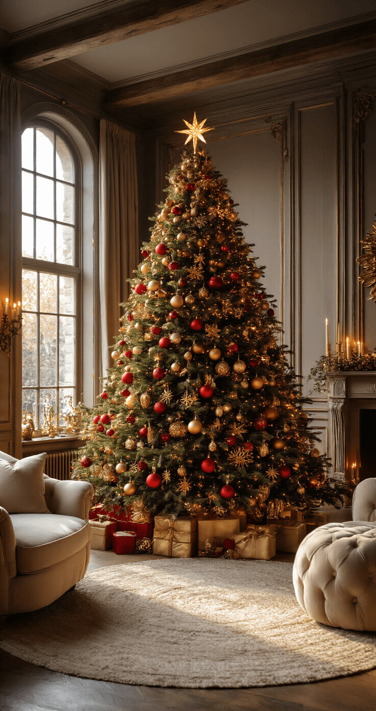 Een sfeervolle Nederlandse woonkamer tijdens het gouden uur met een majestueuze kerstboom, bedekt in dieprode en gouden ornamenten, warme kaarsenlicht, antieke houten balken en zonlicht dat door grote ramen filtert. Fluwelen meubels in crèmekleur en elegant gewikkelde gouden slingers omlijsten de boom.