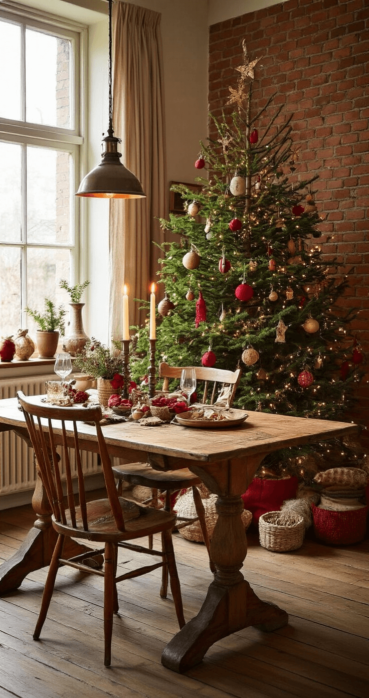 Budget-vriendelijke eetkamer bij kaarslicht met een charmante kerstboom, handgemaakte rood-gouden decoraties, een houten eettafel met vintage stoelen, zelfgemaakte ornamenten van gekleurd touw, tweedehands kerstballen, en warme koperen accenten, tegen een rustieke bakstenen muur met gebreid textiel voor een intieme sfeer.