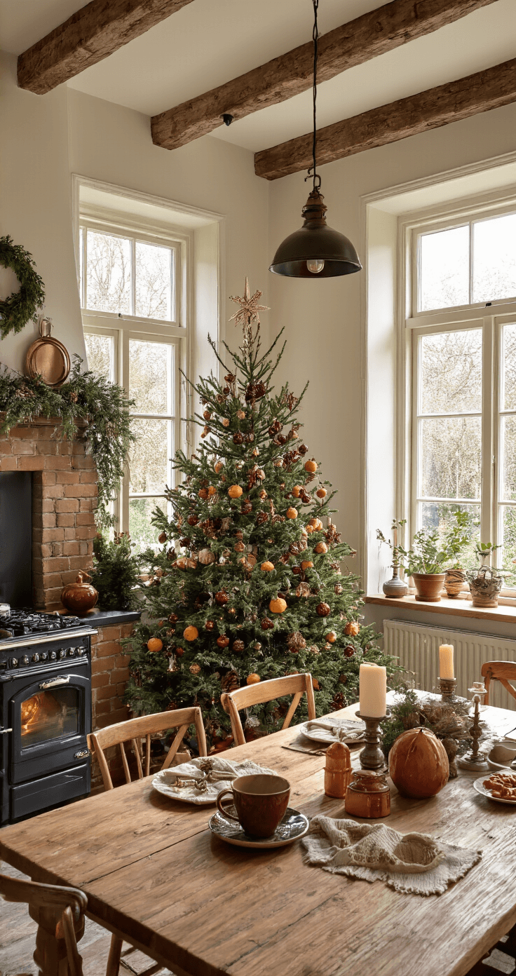 Gezellige Nederlandse keuken-eetkamer bij ochtendschemering, met een kerstboom in rood-gouden thema, handgemaakte keramische decoraties, gedroogde sinaasappelschijven, rustieke houten balken en vintage koperen pannen, omgeven door warme koffie geur en kerstgroen.