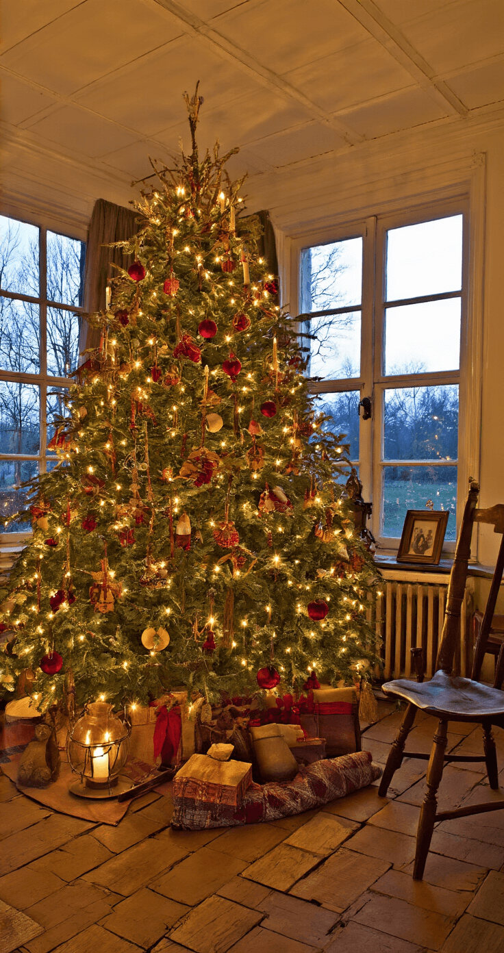 Een traditionele Nederlandse boerderij salon bij avondschemer met een authentieke kerstboom vol rood-gouden decoraties. De open haard geeft een warme gloed terwijl antieke meubels en handgeweven textiel in traditionele patronen het geheel aanvullen. Koperen ketels glimmen en gedroogde hydrangea's voegen een natuurlijk element toe. Oude familiefoto's in gouden lijsten completeren de nostalgische sfeer.