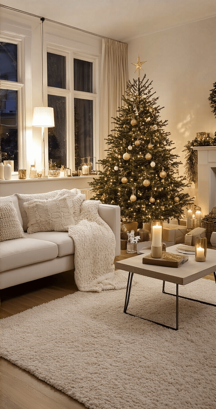 Gezellige Nederlandse woonkamer met moderne kerstdecoratie, inclusief een crèmewitte bank, luxe wellness geschenkset op de salontafel, warme houten vloer, gouden accenten, sfeervolle verlichting en een kerstboom met gepersonaliseerde kerstballen.