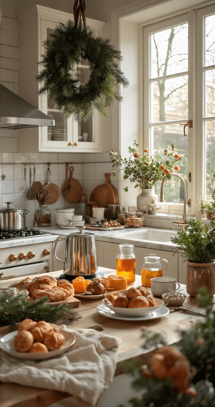 Moderne Nederlandse keuken met marmeren werkblad, glanzende koffiemaker, kleurrijke siropen, luxe olijfolie, witte kasten met gouden handgrepen, verse bloemen en gestructureerde tegels, verlicht door warme ochtendzon.